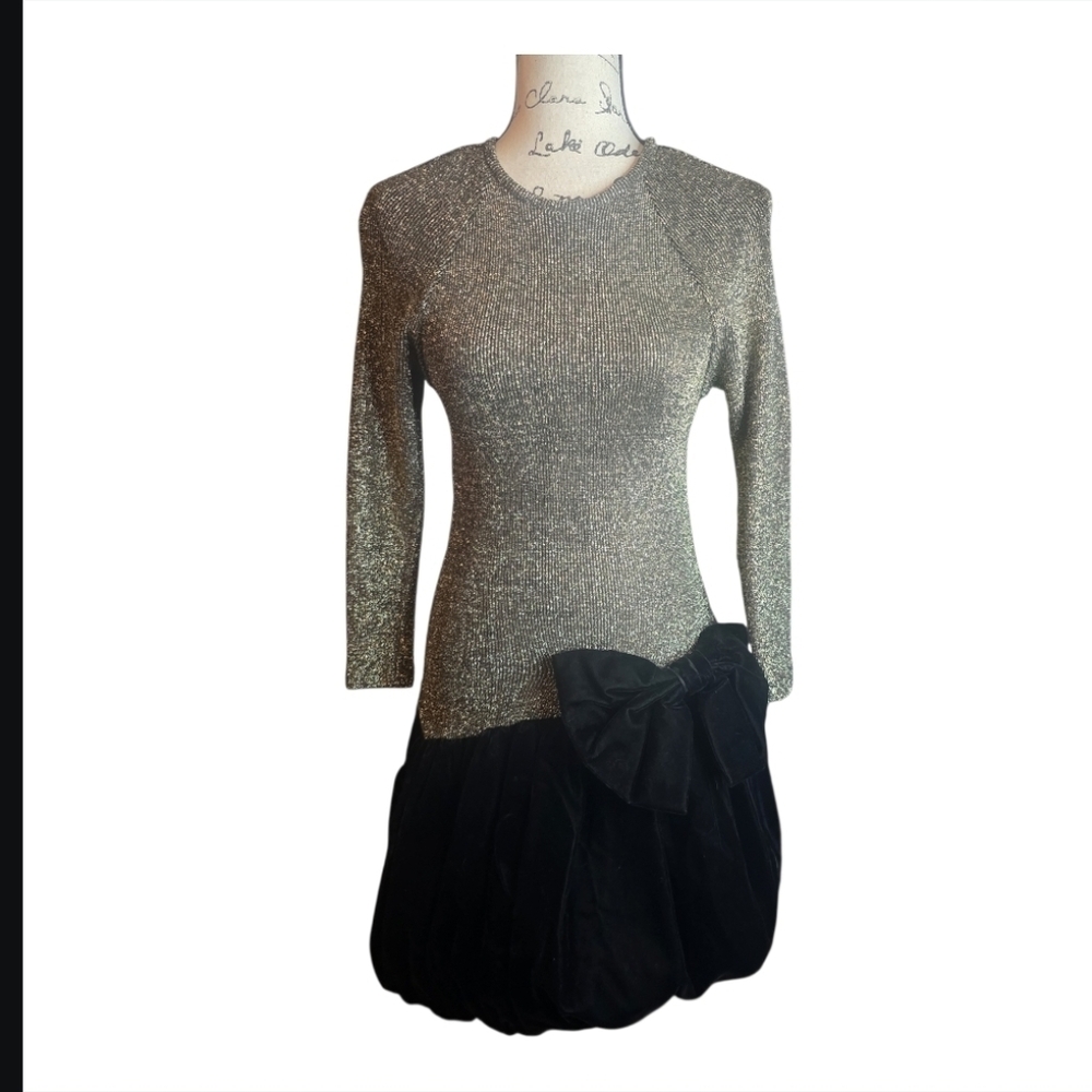 vtg 80s Gold And Black mini dress sz 4 metallic bubble hem - Picture 3 of 16